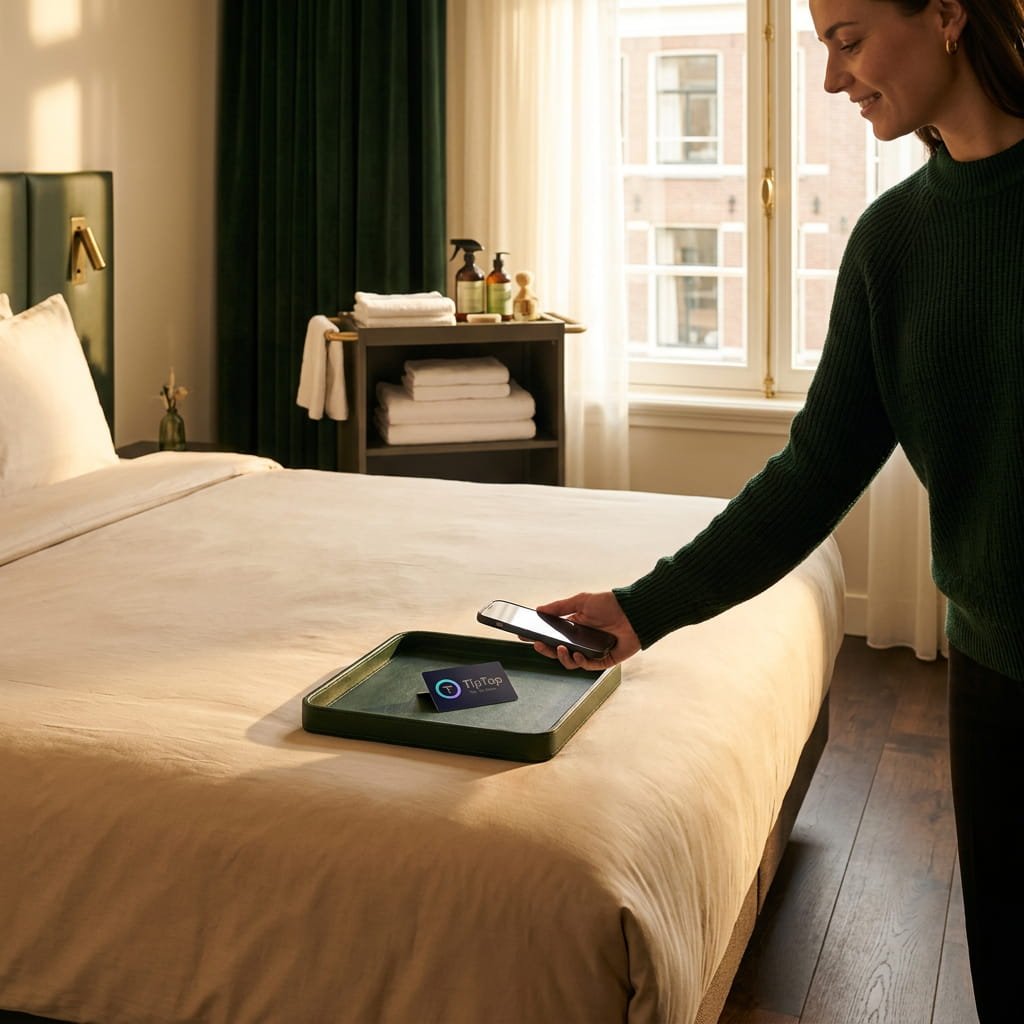 Gast geeft digitaal fooi in een hotelkamer met TipTap