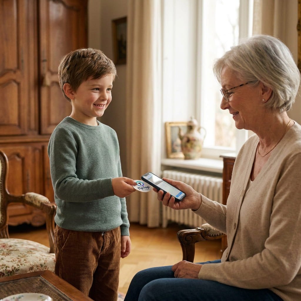 Oma en kleinkind gebruiken TipTap voor een digitale fooi